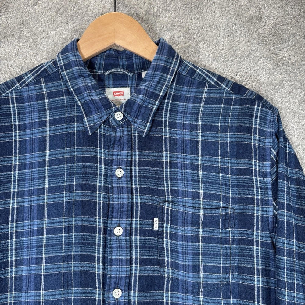 Levis Shirt Mens L Blue Plaid Linen Blend Long Sleeve Button Up Pocket